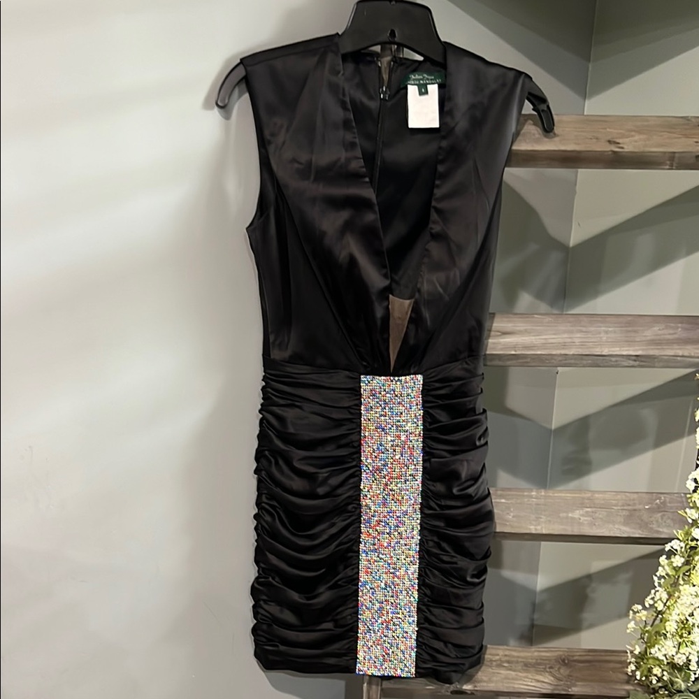 Elegant Black Sleeveless Dress with Multicolor Accent